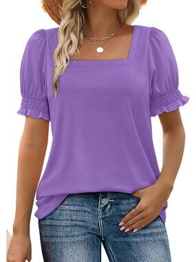 Women's 1 Purple Square Neck Top Summer Casual Outfit Ruffle Trim Sleeve T Shirt